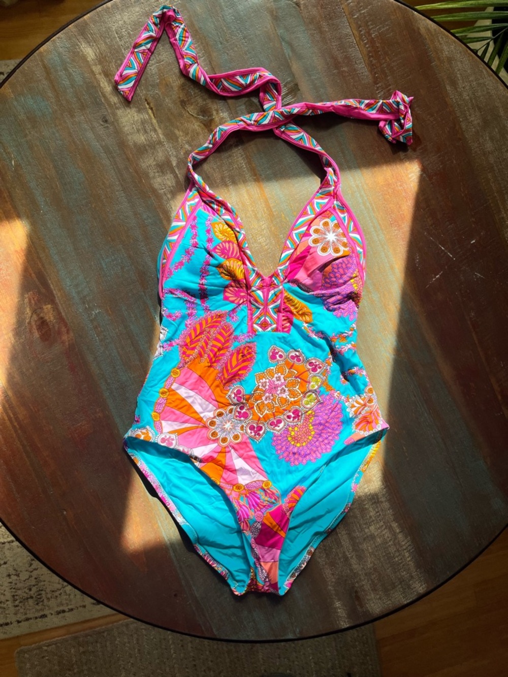 Trina Turk Turquoise Pink Floral Halter One-Piece Swimsuit